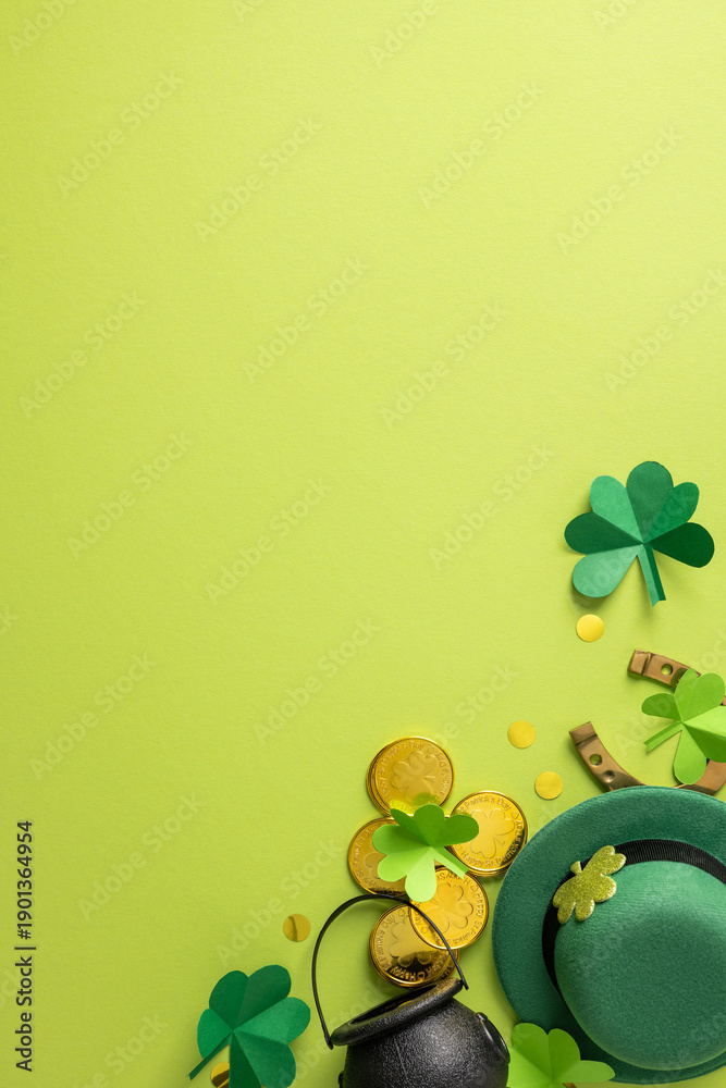 Fototapeta premium Bright vertical green background with a festive St. Patrick's Day arrangement featuring a green hat, golden coins, and shamrocks