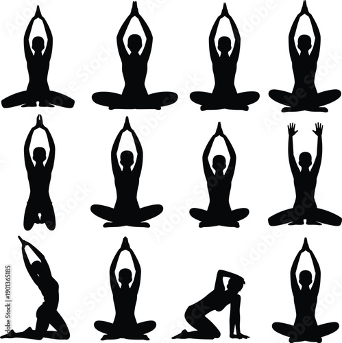 Yoga meditation silhouettes set showing seated lotus poses and stretching positions isolated on white background representing mindfulness wellness balance relaxation and spiritual fitness practice