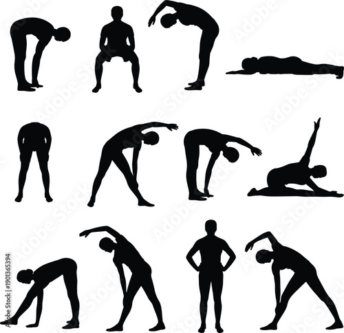 Yoga and fitness stretching silhouettes set showing multiple body exercise poses isolated on white background for wellness flexibility training illustration health movement concept