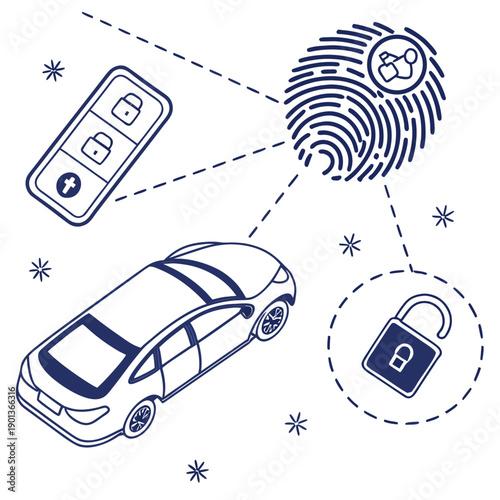 Smart automotive digital vehicle fingerprint technology, abstract visualization of biometric security and digital identity for cars.