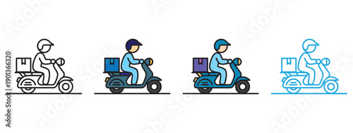 Delivery scooter riders progression flat design icons vector illustration set