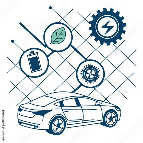 Smart automotive energy efficiency optimization system, abstract concept showing data flow and AI improving fuel economy.
