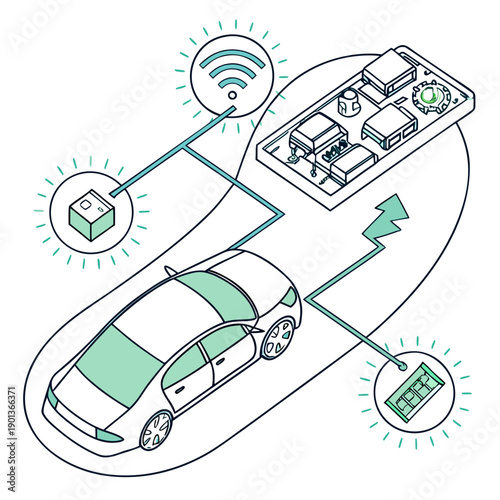Smart automotive energy loss reduction system, abstract representation of AI optimizing vehicle performance and reducing waste.