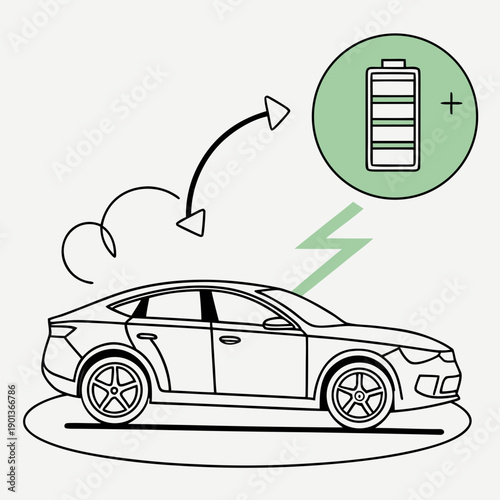 Smart vehicle energy regeneration cycle illustration, showing clean energy flow for electric cars. Vector art.