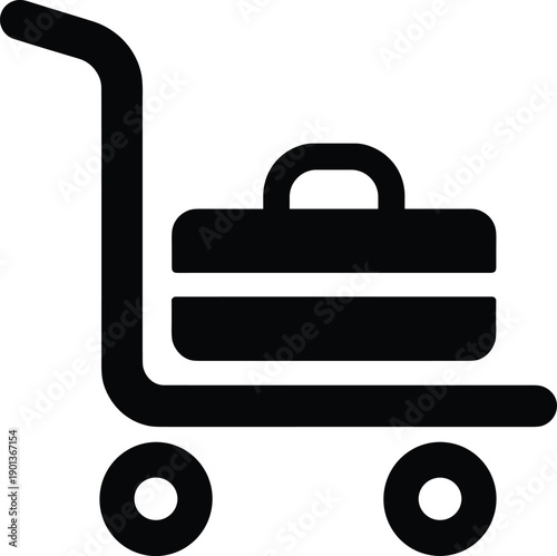 Shopping cart icon with luggage symbol isolated on white background representing travel retail ecommerce baggage delivery service minimal black vector design