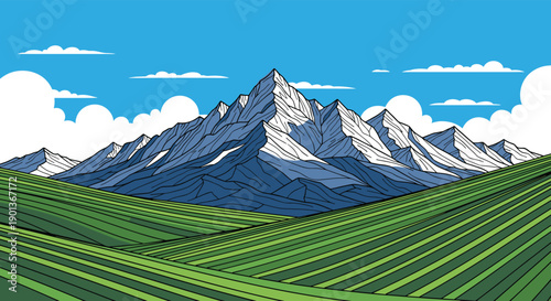 Sharp blue mountain peaks tower over vibrant green sloping fields under a clear daylight sky with scattered white clouds.
