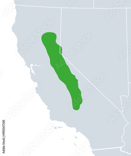 Sierra Nevada, political map. Mountain range in Western United States, between Central Valley of California and Great Basin. The vast majority is located in California. Isolated illustration. Vector