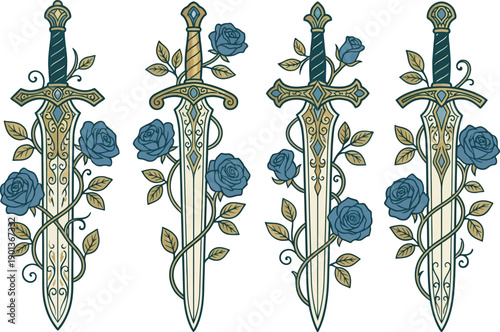 Elegant swords intertwined with roses vector, perfect for tattoo art or fantasy, ornamental swords with roses set, fantasy medieval weapon vector illustration