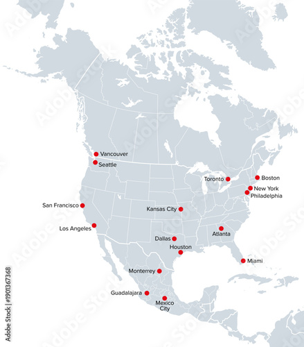 North America, soccer cities, 2026, political map. In 2026, sixteen cities in Canada, Mexico and United States are centers of international football. Map with borders. labelled with city names. Vector