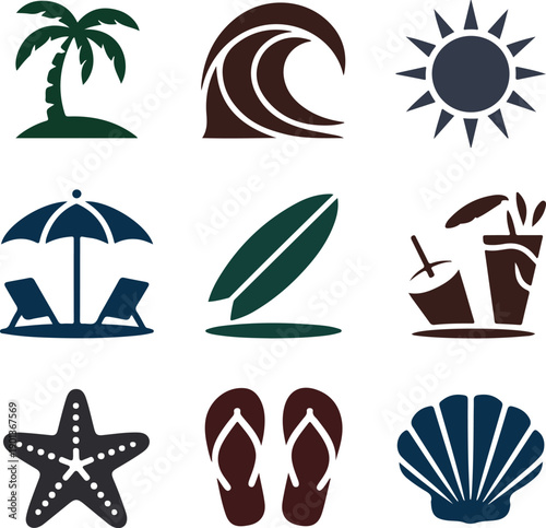 Beach Icons Set: Palm Tree, Wave, Sun, Lounge Chairs, Surfboard, Drinks, Starfish, Flip Flops, Shell