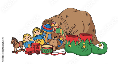 Overflowing sack of classic toys and bright green elf shoes with bells