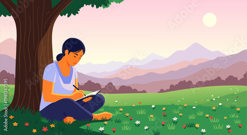 Peaceful Vector Illustration of a Woman Journaling Under a Tree in a Grassy Field with Mountains in the Background