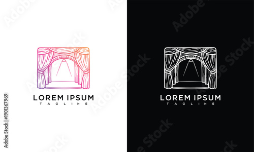Modern Theater Stage Logo Design Elegant Curtains  Spotlight Icon Entertainment Branding.