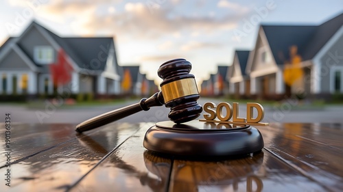 Sold house with gavel representing real estate legal transaction
