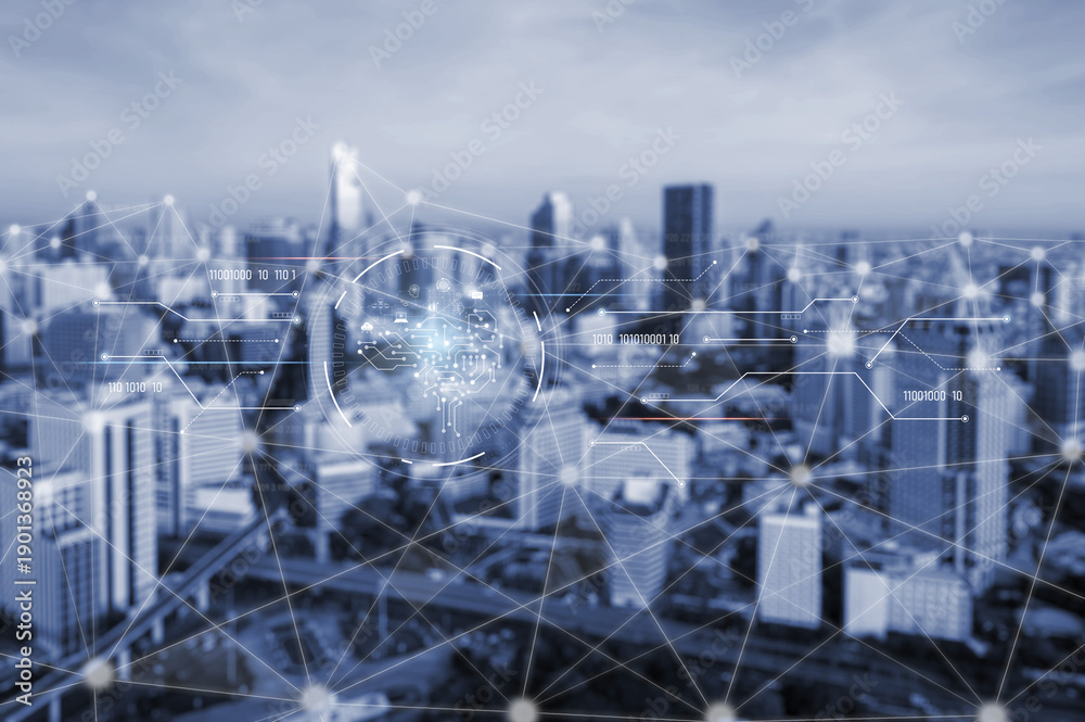 Naklejka premium AI artificial intelligence with digital brain and connected data circuit. AI core processes data, AI core drives intelligence, enables connection, and AI core powers smart digital systems. Vouch