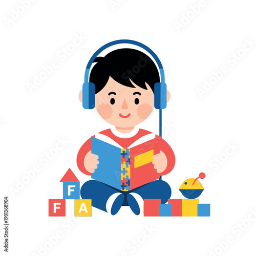 A young boy happily reading a book with headphones on, surrounded by colorful blocks and a toy.