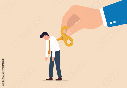 Exhausted employee recharged, power up or wind up to stimulate or motivate fatigue person concept, manager big hand turn wind up key or winder clockwork to motivate businessman office worker