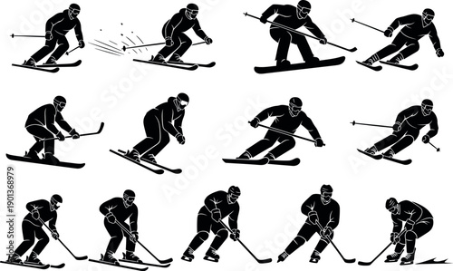 Silhouette of a skier performing various movements isolated on transparent background