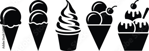 Silhouette set of ice cream cones and cups, sweet dessert and frozen treat icons isolated on white background representing food, summer, and minimal design