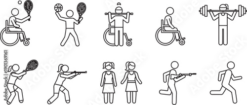 Black and white illustrations of people exercising with various equipment isolated on transparent background