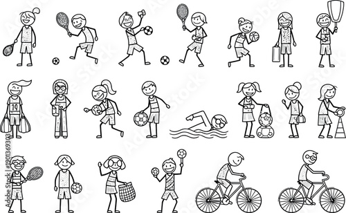 Stick figure people doing various activities isolated on transparent background