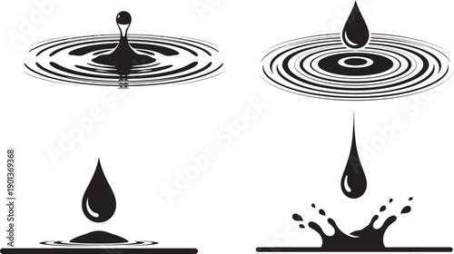 Four black and white silhouettes of water droplets isolated on transparent background
