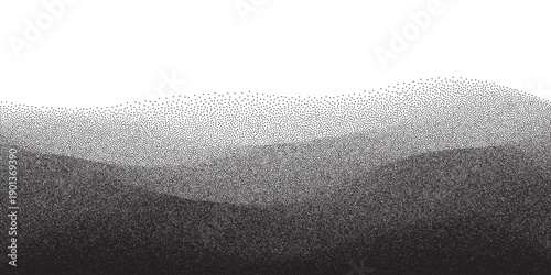 Halftone dots wave gradient pattern background with grain stippling and retro graphic wavy landscape texture