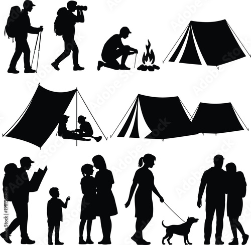 Silhouette set of camping, hiking, and outdoor leisure activities with people, tents, and campfire, adventure lifestyle concept isolated on white background