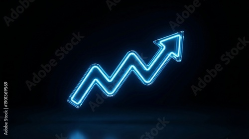 Glowing blue neon arrow graph trending up on black background with reflection