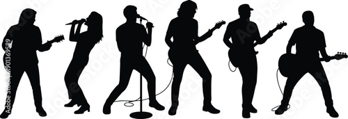 Silhouette of rock band performing live on stage, musicians playing guitars and singing, music concert and entertainment concept isolated on white background