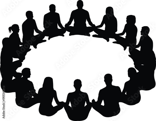 Silhouette of people sitting in meditation circle together, group mindfulness and spiritual connection concept isolated on white background showing harmony, wellness, peace, and community