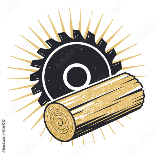 Circular saw with wooden log and rays of light symbolizing woodworking industry  