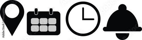 Icons representing location, schedule, time, and notification