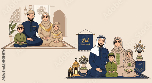 Beautiful illustration depicting Muslim families dressed in traditional attire celebrating a joyous Eid al-Fitr or Eid al-Adha gathering on transparent background