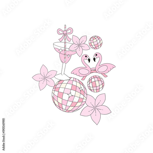 Pink Girly Disco Flamingo Cocktail Illustration with Flowers and Sparkling Party Elements