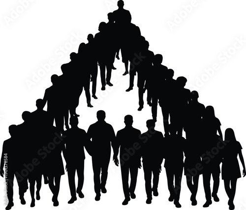 People silhouette group forming arrow shape, crowd walking forward together symbolizing leadership, direction, teamwork and progress concept isolated on white background illustration