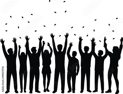 Celebrating people silhouette group with raised hands and falling confetti, joyful crowd cheering together for success, festival, victory and achievement concept isolated on white background 