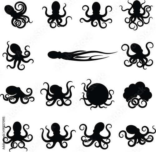 Octopus and squid sea creature silhouettes set showing marine animal shapes, tentacles poses, and underwater life icons isolated on gray background