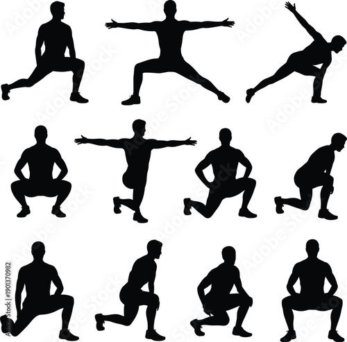 Black male fitness silhouette set showing stretching, squats, lunges and balance exercises, workout and warm up poses collection isolated on white background