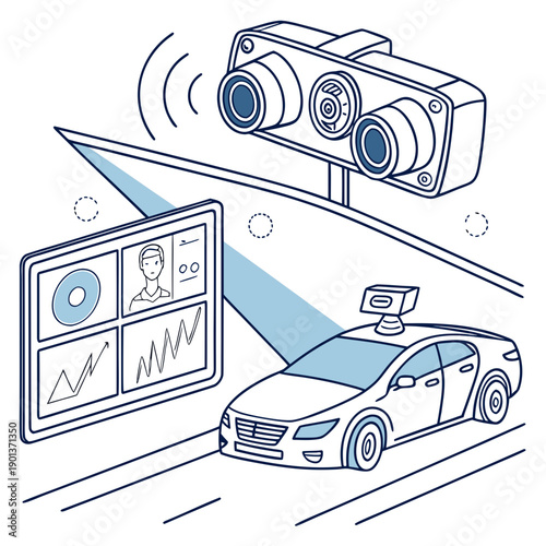 Advanced driver monitoring camera technology, futuristic automotive interior with AI-powered surveillance