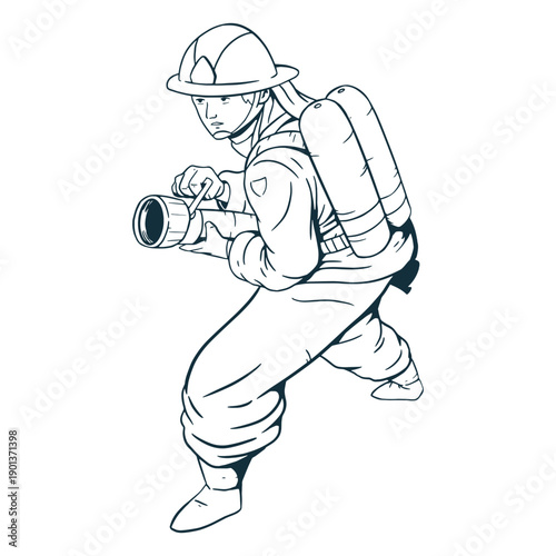 Ready hose firefighter handdrawn