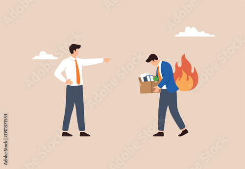 Fired employee, layoff or dismissal worker, misconduct or underperform staff, failure or trouble employment, jobless or unemployment concept, finger to fires, layoff misconduct employee.