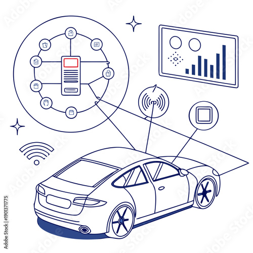 AI driven automotive safety intelligence system concept with radar, sensors, and car illustration.