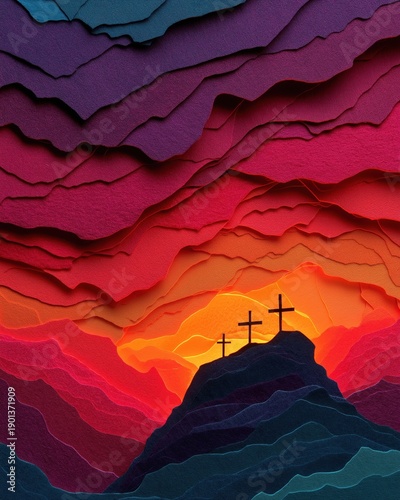 Religious Easter background with three crosses on Calvary hill at sunset. 3D paper cut style illustration of Good Friday and crucifixion. Christian holiday concept