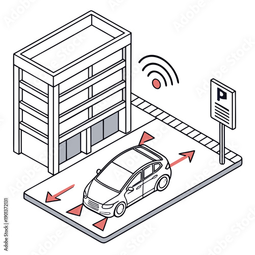 Isometric visualization of autonomous parking assist technology, showing sensors and vehicle integration