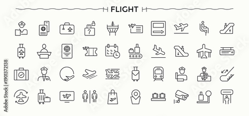 Set of Flight line icon. Pictograms of airplane, landing, aviation, plane and more. Minimal icons set. Aviation line icon set. Editable vector art.
