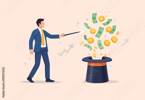 Get rich fast, make money or profit from investment,FED or central bank stimulation money, financial or wealth advisor concept, businessman magician using magic wand make money from magical hat