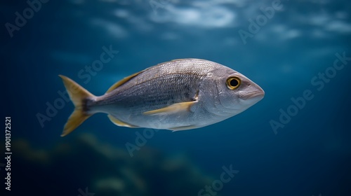 A single silver fish with yellow fins swims gracefully in the clear blue ocean water illuminated by natural light