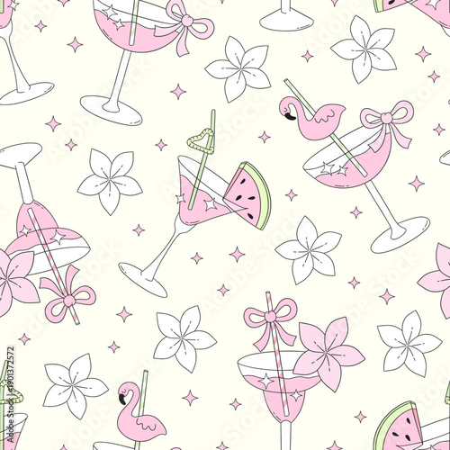 Pink Flamingo Cocktail Seamless Pattern with Tropical Drinks, Bows and Flowers, Cute Girly Summer Party Background Illustration