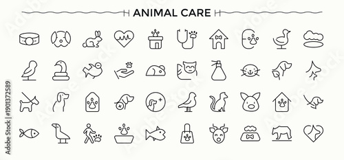 Animal Care linear icon set. Outline icons collection. Contains outline symbols like kitten, dog, vet, pet, puppy. Editable stroke collections. Pet line icon set.